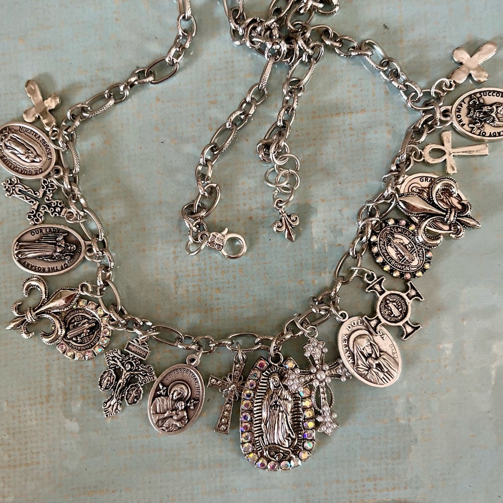 Guadalupe, Saints & Crosses Double Sided Antiqued Silver Tone Festoon Necklace - Picture 4 of 15